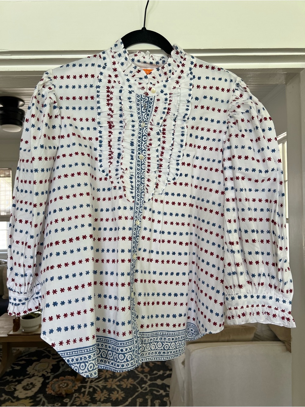OLIPHANT Ruffle Front Button Blouse In Ellis Blue In White - Picture 1 of 4